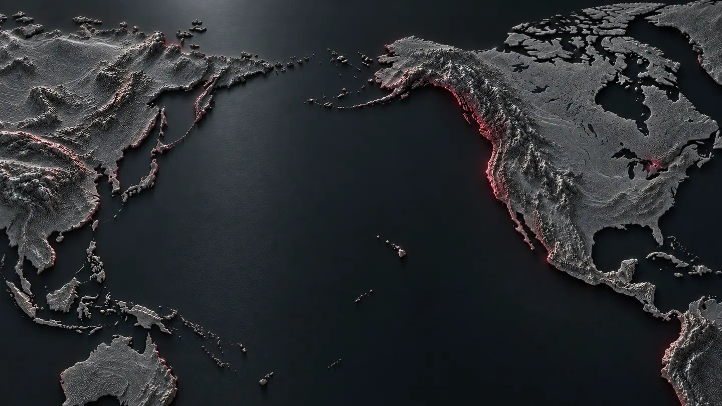 Graphite topographic rendering of Asia and North America, with interactive connections across the Pacific between Greater Vancouver, Greater Toronto and Silicon Valley.
